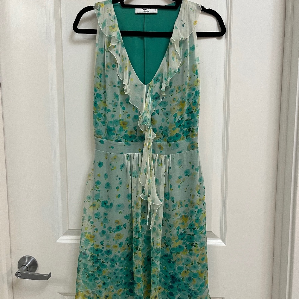 Blugirl Blumarine 100% Silk Floral Ruffle Dress Green/Yellow IT40